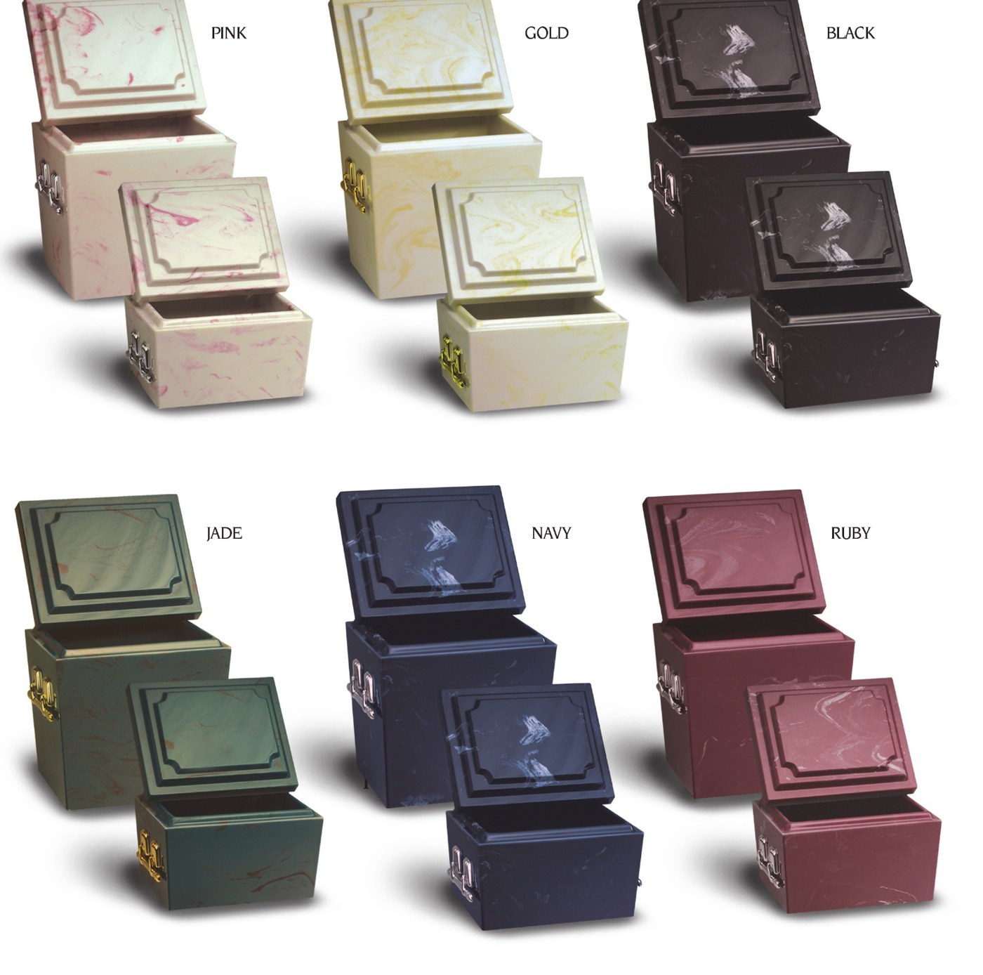 Doric cultured marble urn vaults in pink, gold, black, jade, navy, and ruby