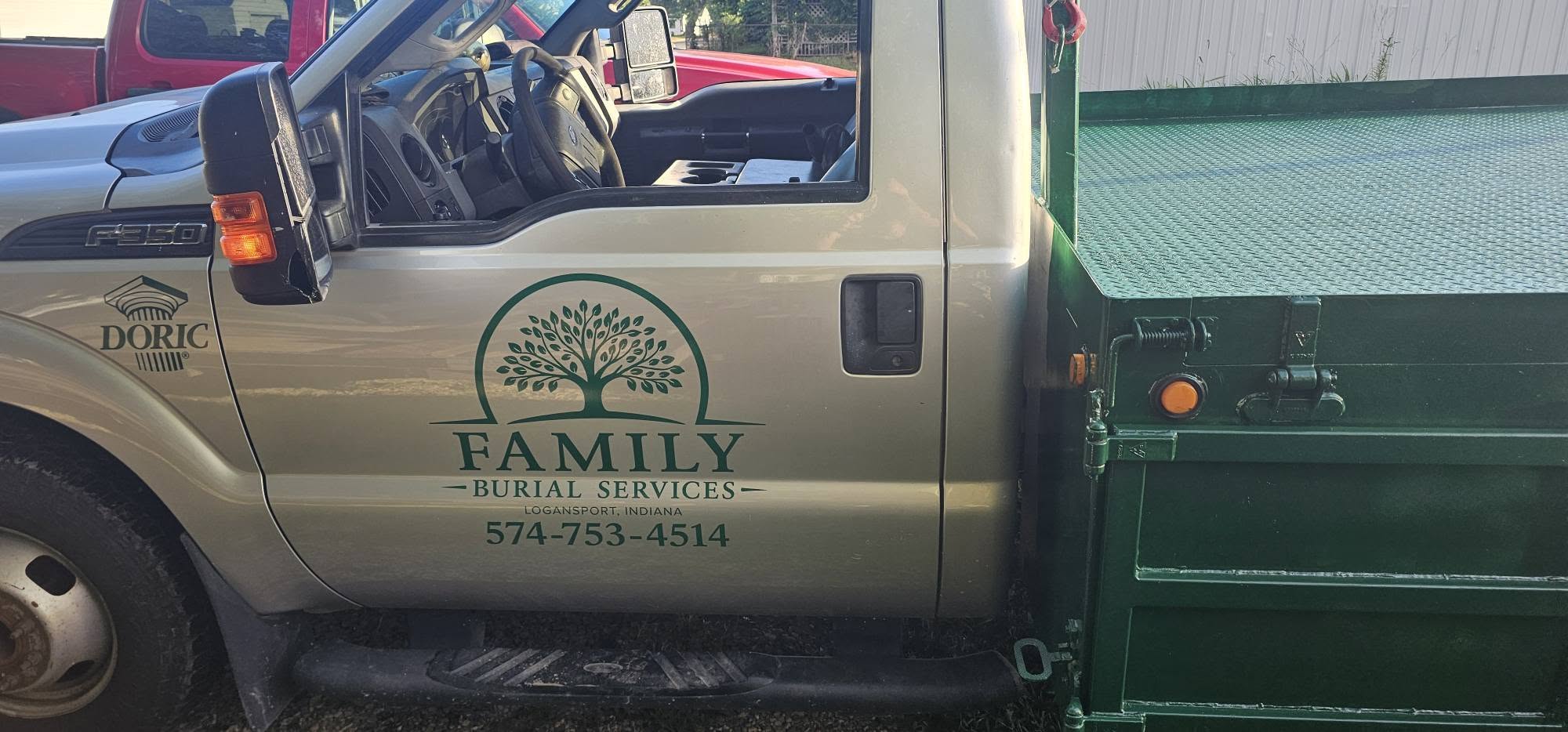 Family Burial Services Ford F-350 vault truck with company logo in Logansport, Indiana