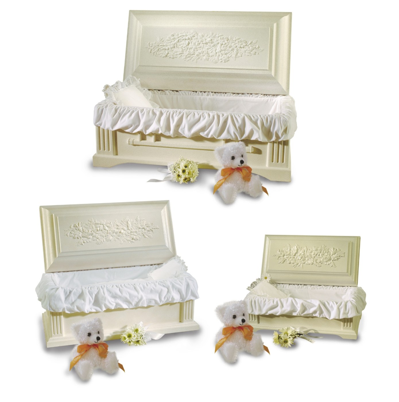 Doric Daisy infant vault and casket shown in three sizes with white interior